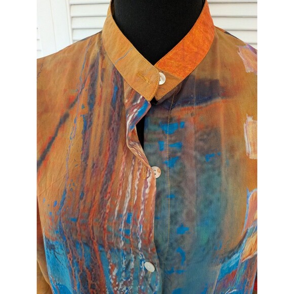 Feratelli Jacket Blouse Womens M Gold Blue Graphic Art to Wear Lagenlook Hi Low - Picture 2 of 13